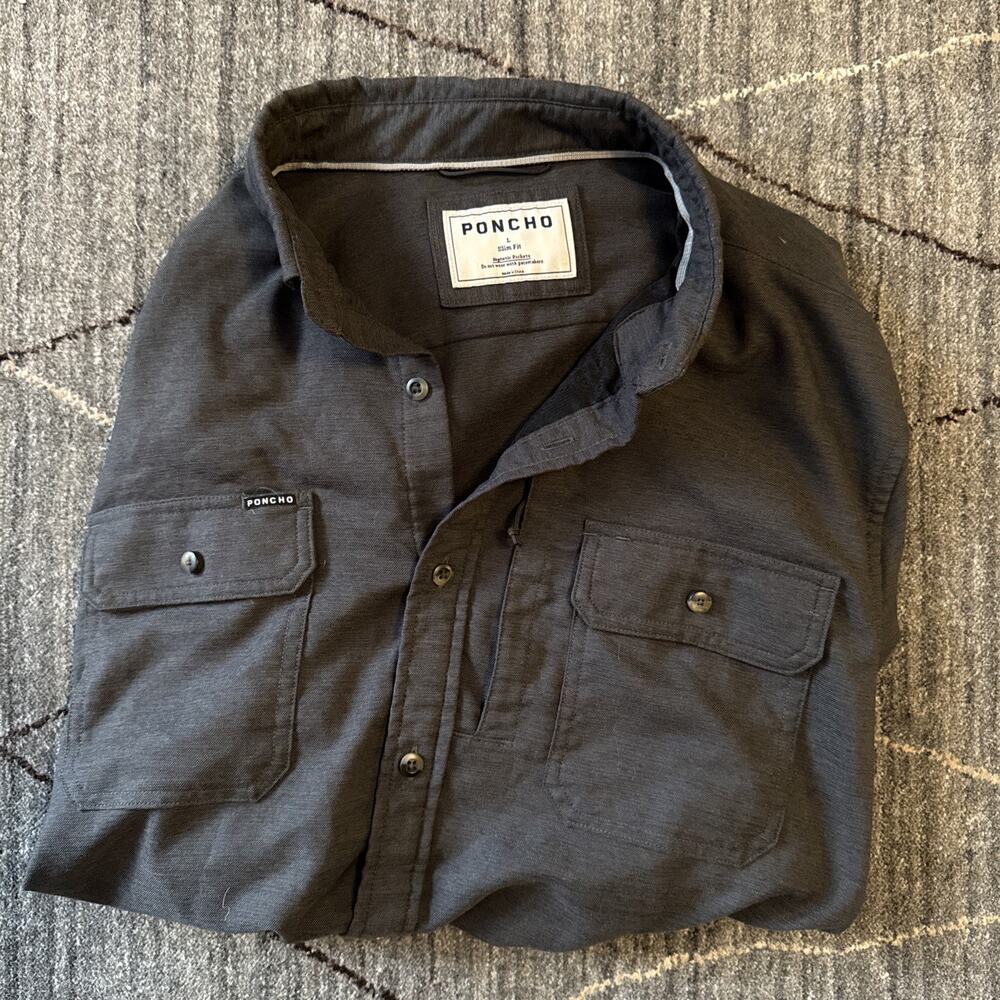 Poncho Flannel Shirt Mens Large Slim Fit Grey Long Sleeve Magnetic Pockets